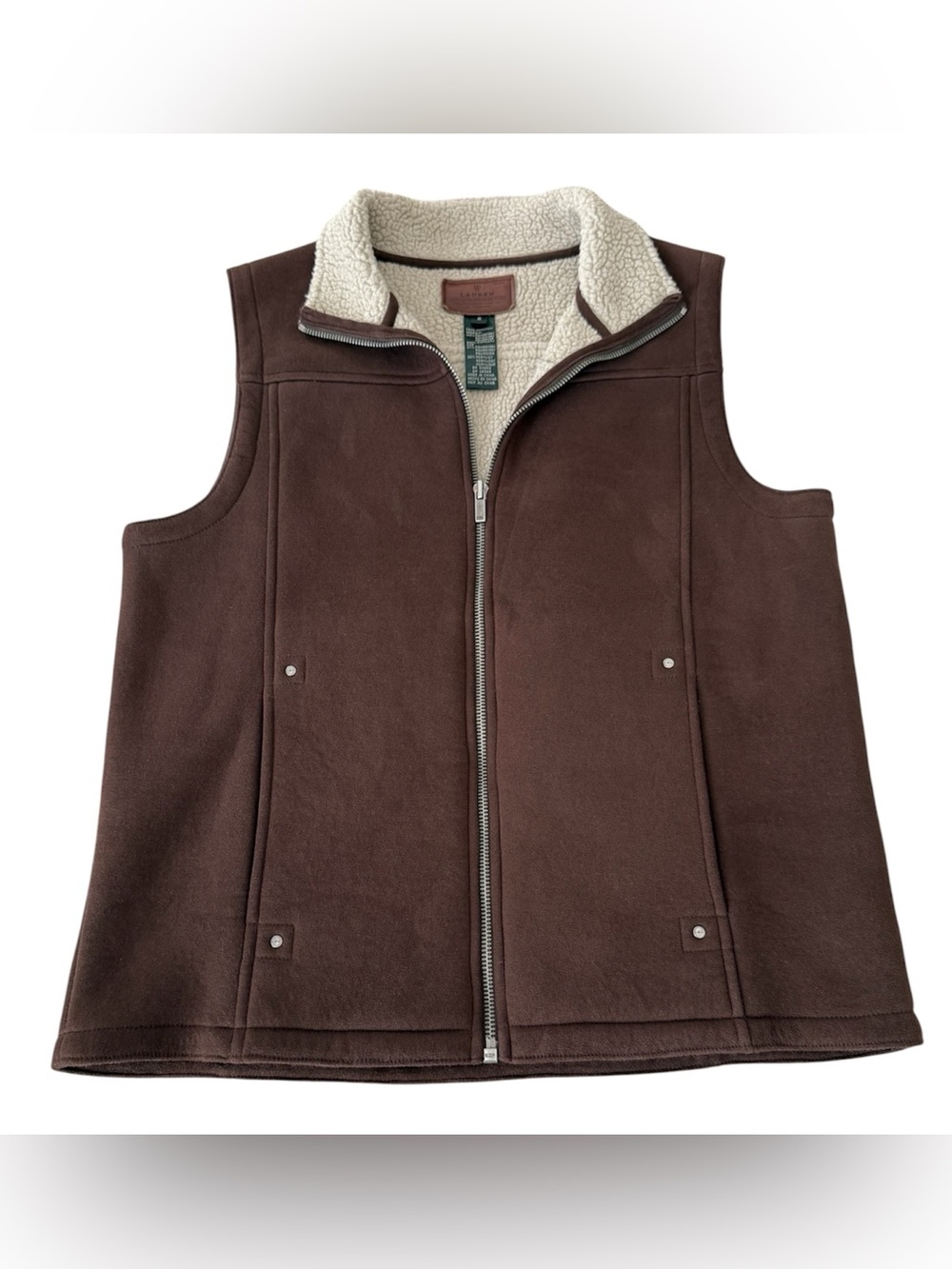 Lauren Ralph Lauren Dark Brown Faux Suede Sherpa Lined Vest Full Zip Pockets S
